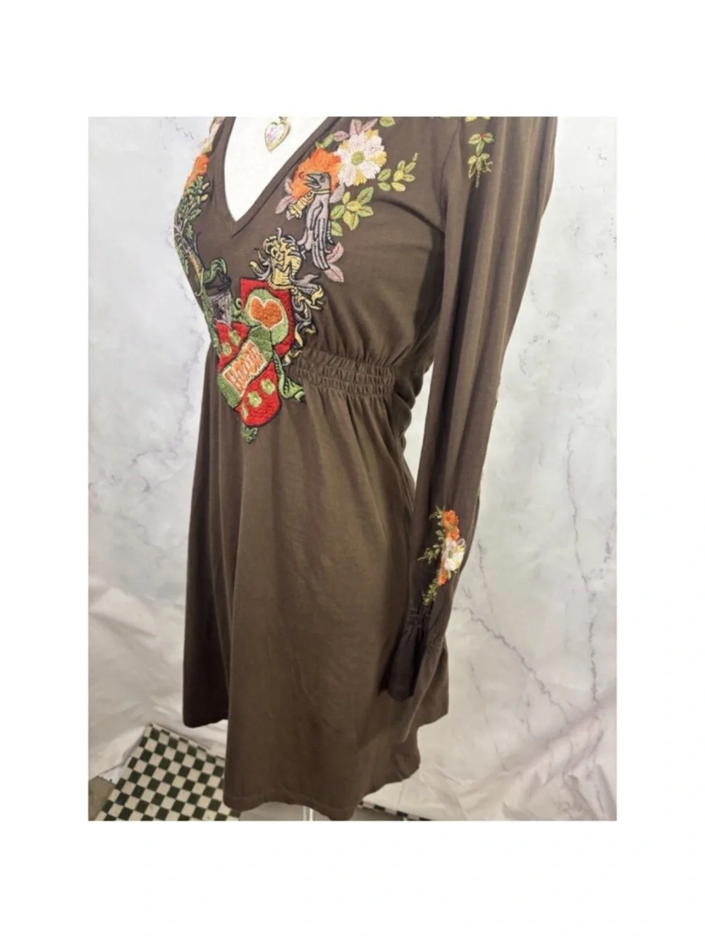 Johnny Was Brown Floral & Heart Embroidered V-Neck Long-Sleeve Dress - Picture 7 of 14